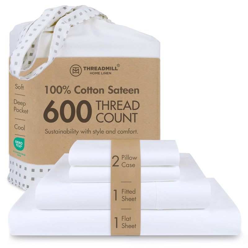 Threadmill أوراق سرير Threadmill 100% قطن لحجم سرير كال كينغ - مجموعة أوراق سرير ب600 خيط لحجم كال كينغ مع جيب عميق 16 بوصة - مجموعة بياضات 4 قطع بنسيج ساتين مع تأثير تبريد، أبيض - Image 1